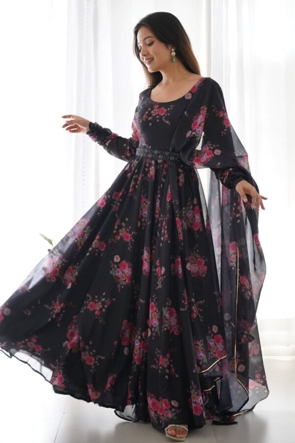Ready-to-Wear Black Floral Gown with Dupatta