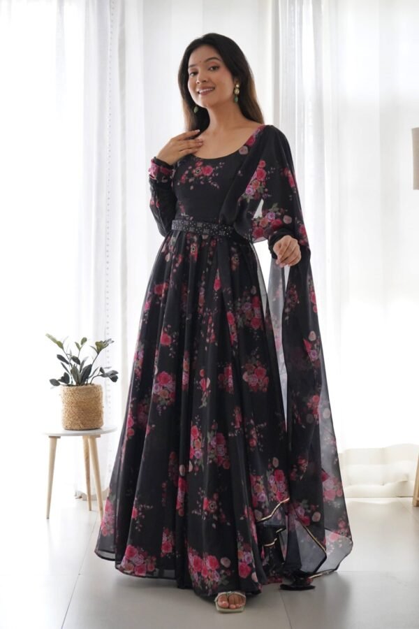 Ready-to-Wear Black Floral Gown with Dupatta