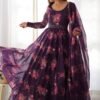 Feel Like Royalty in this Wine Color Floral Gown with Lucknowi Belt and Dupatta