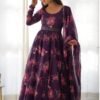 Feel Like Royalty in this Wine Color Floral Gown with Lucknowi Belt and Dupatta