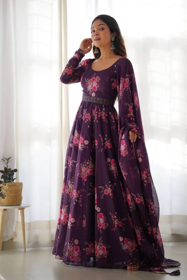 Feel Like Royalty in this Wine Color Floral Gown with Lucknowi Belt and Dupatta