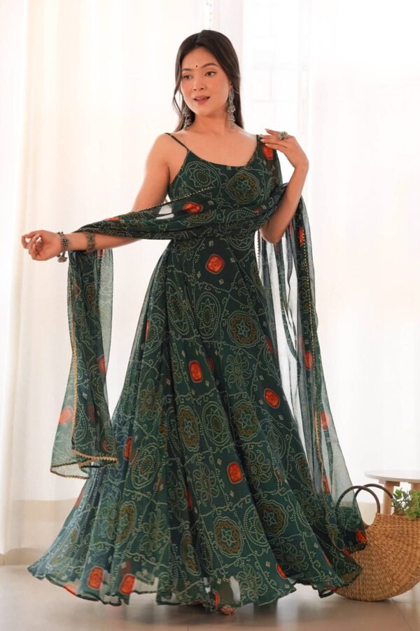 Green Bandhej Print Chiffon Gown with Dupatta - Lightweight & Flowy