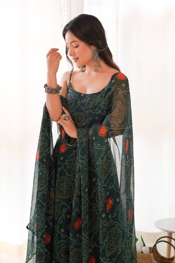 Green Bandhej Print Chiffon Gown with Dupatta - Lightweight & Flowy