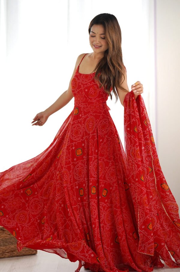 Red Bandhej Print Chiffon Anarkali Gown with Dupatta
