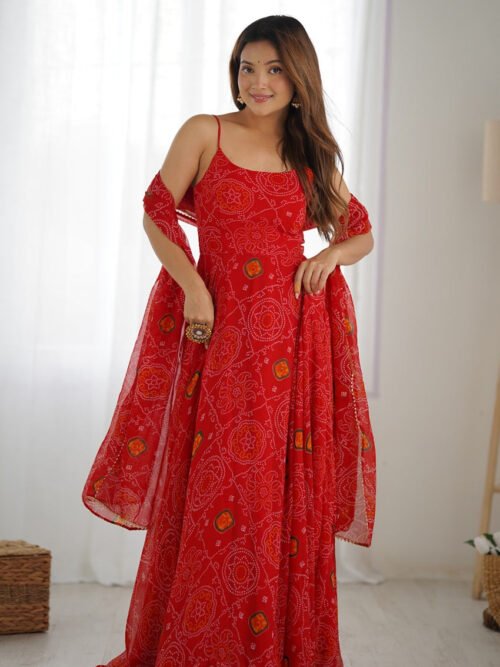 Red Bandhej Print Chiffon Anarkali Gown with Dupatta