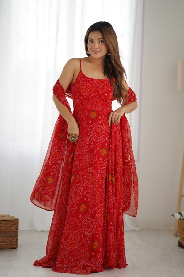 Red Bandhej Print Chiffon Anarkali Gown with Dupatta