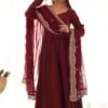 Elegant Maroon Roman Chanderi Silk Anarkali Set with Dupatta and Pants