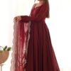 Elegant Maroon Roman Chanderi Silk Anarkali Set with Dupatta and Pants