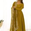 Mustard Chanderi Roman Silk Anarkali Gown with Embroidered Dupatta