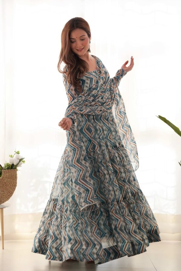 Suratikart Light Blue Zigzag Print Georgette Gown with Dupatta