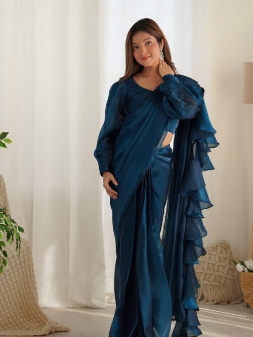 Blue Color Party Wear Pre-Wrapped Ruffle Saree