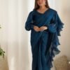 Blue Color Party Wear Pre-Wrapped Ruffle Saree