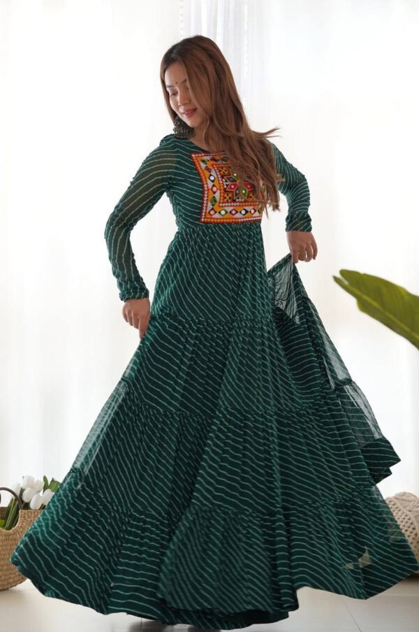 Green Laheriya Print Traditional Gown