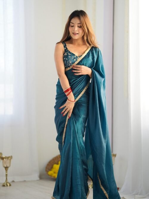 Luxurious Teal Blue Saree in Gold Crush Tissue Silk