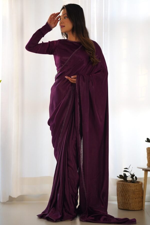 Wine Velvet Ready-to-Wear Saree with Fully Stitched Blouse