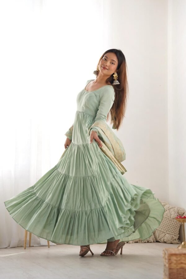 Pistachio Green Roman Silk Four-Layer Anarkali Gown Set