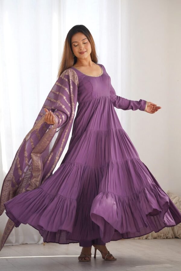 Lavender Heavy Roman Silk Chanderi Anarkali Suit Set
