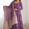Lavender Heavy Roman Silk Chanderi Anarkali Suit Set