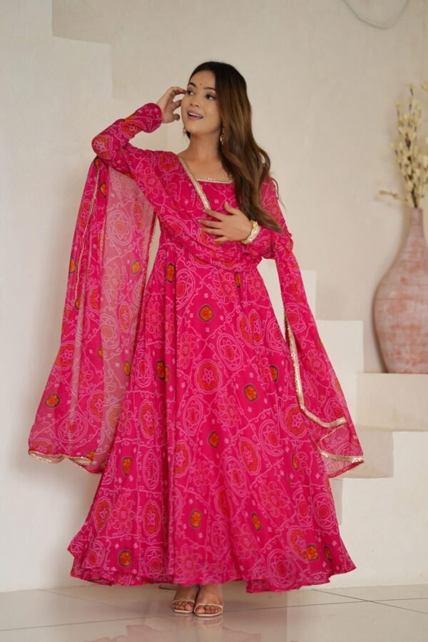 Rani Pink Bandhej Print Chiffon Anarkali Suit Set
