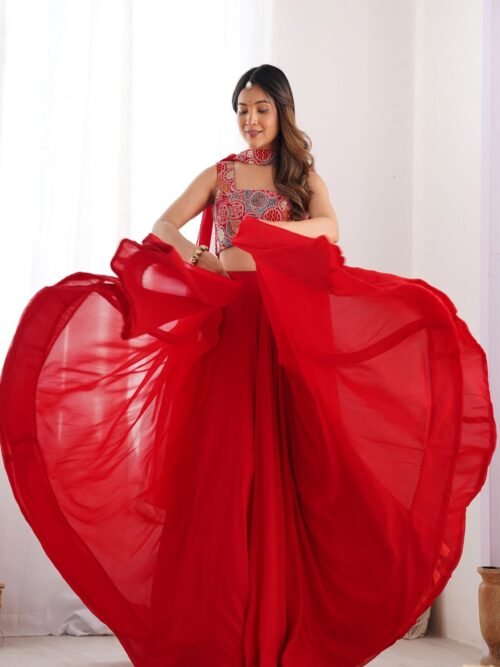 Red Color Fully Flared Lehenga Choli with Exquisite Embroidery