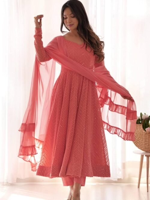 Peach Lucknowi Georgette Anarkali Suit Set