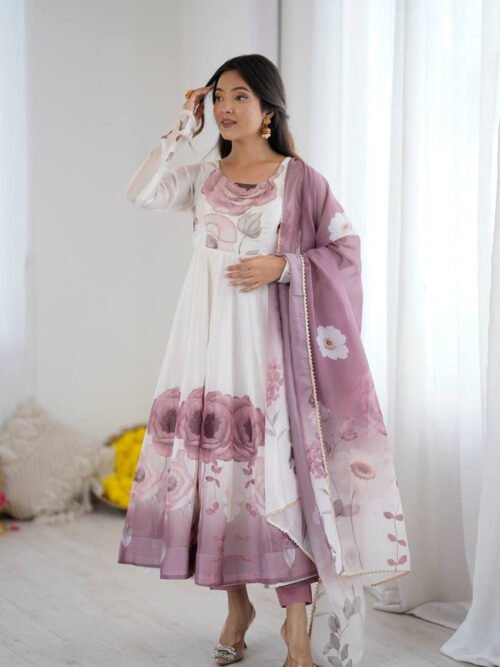 Onion Color Organza Silk Anarkali Suit with Dupatta