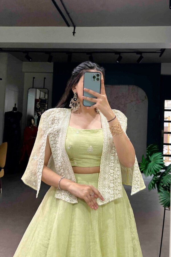 Premium Melon Green Allnen Crush Lehenga Set with 5 Meter Flair