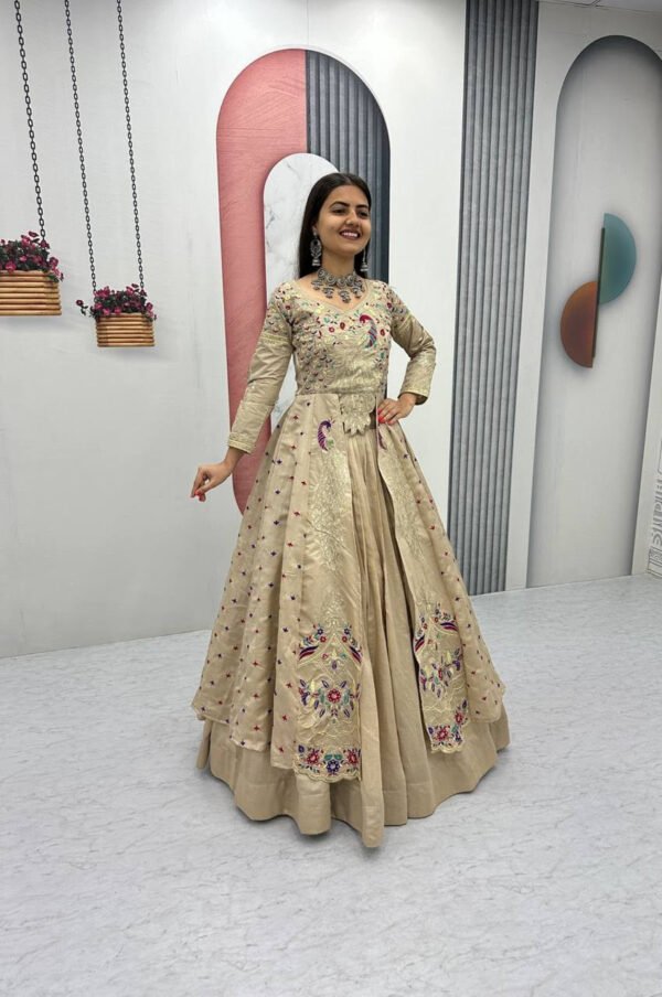 Cream Color Crop Top Lehenga with Embroidered Shrug