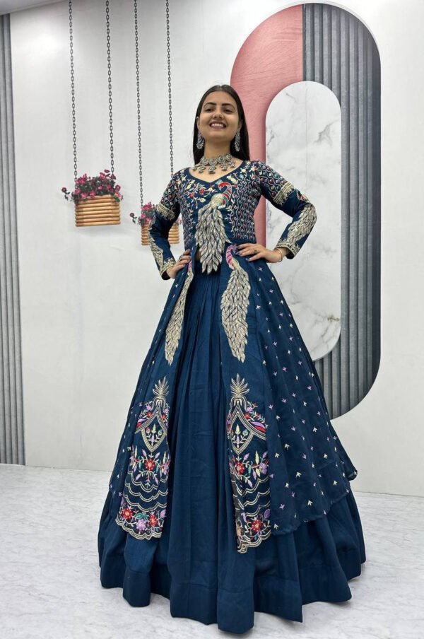 Indigo Color Crop Top Lehenga with Embroidered Shrug