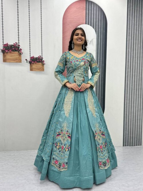 Misty Teal Crop Top Lehenga with Embroidered Shrug