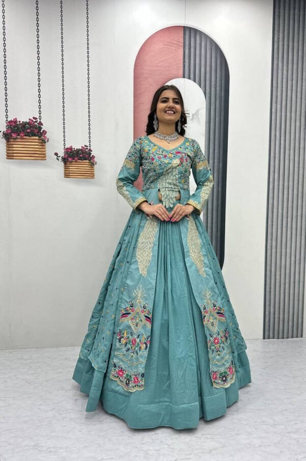 Misty Teal Crop Top Lehenga with Embroidered Shrug