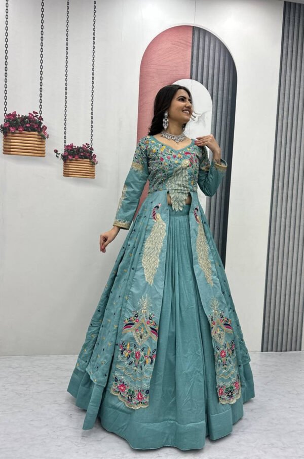 Misty Teal Crop Top Lehenga with Embroidered Shrug