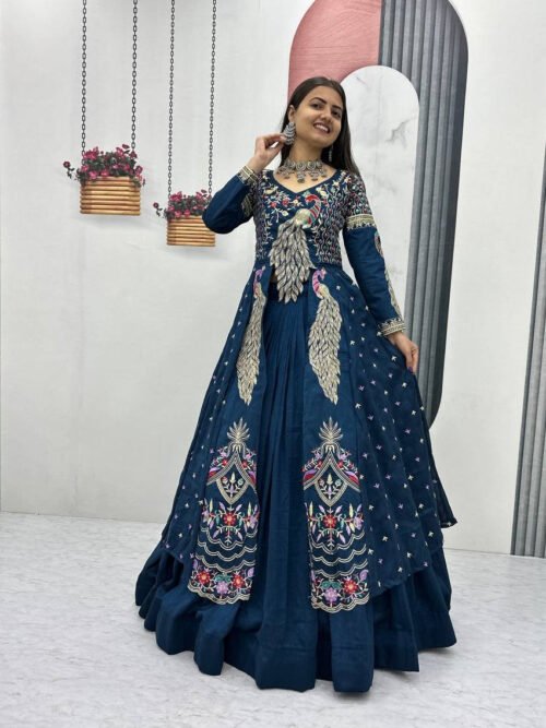 Indigo Color Crop Top Lehenga with Embroidered Shrug
