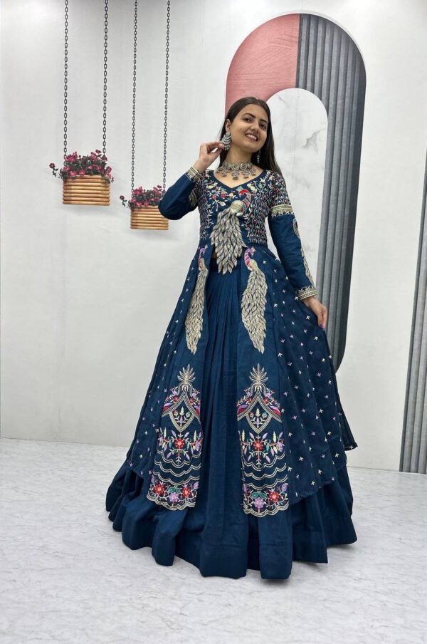 Indigo Color Crop Top Lehenga with Embroidered Shrug