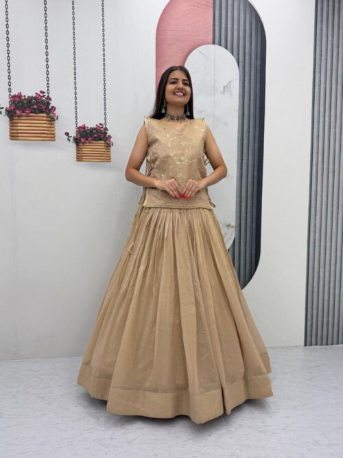 Dark Tan Crunchy Silk Lehenga Set with 3.5 Meter Flair & Heavy Sequins Jacket