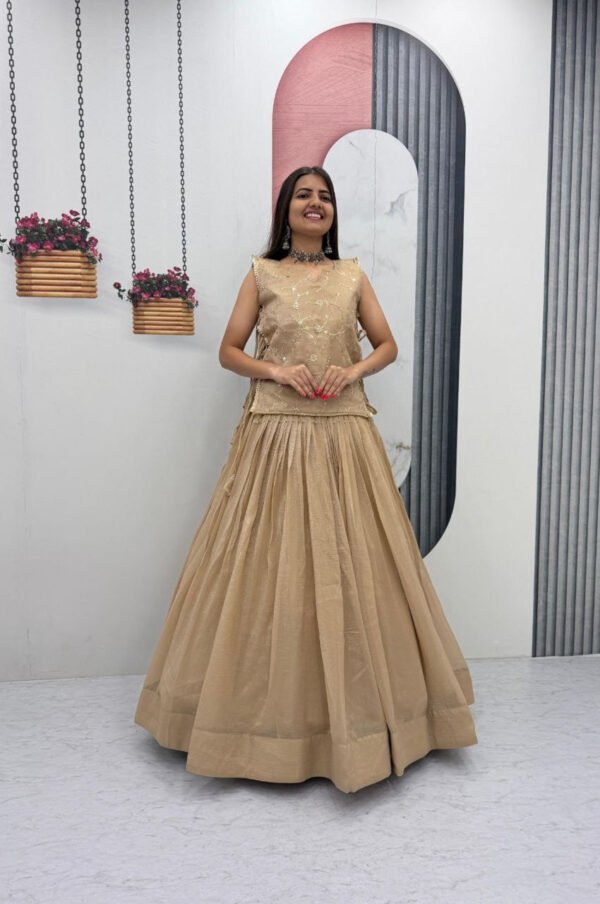 Dark Tan Crunchy Silk Lehenga Set with 3.5 Meter Flair & Heavy Sequins Jacket