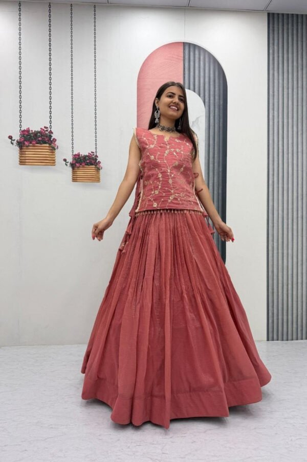 Dusky Red Crunchy Silk Lehenga Set with 3.5 Meter Flair & Heavy Sequins Jacket