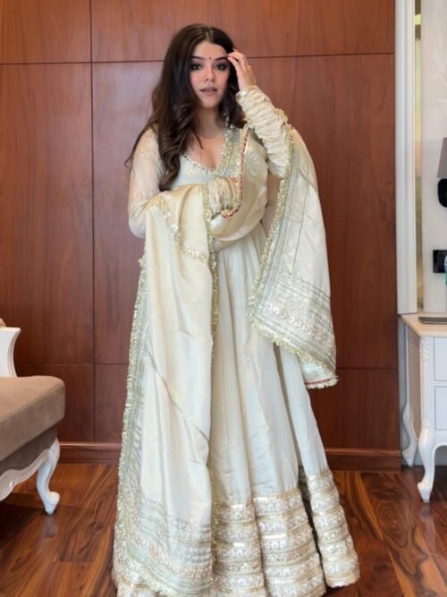 Neha Bhandari Elegant White Chinon Anarkali Suit Set