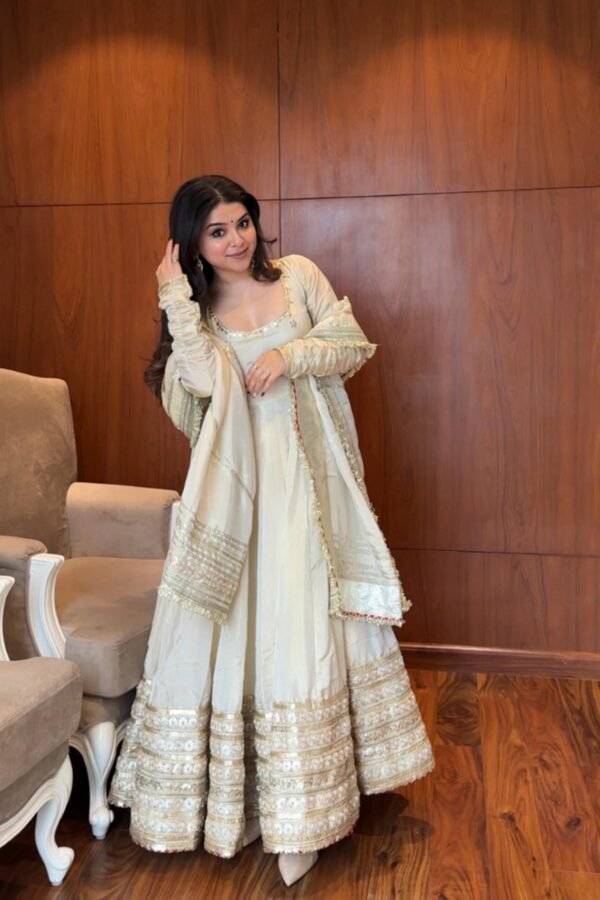 Neha Bhandari Elegant White Chinon Anarkali Suit Set