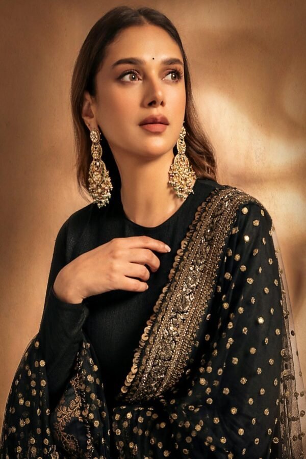 Aditi Rao-Inspired Black Rayon Embroidered Anarkali Suit Set