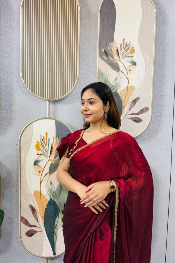 Arabian Red Space Silk Gown Saree with Beads Lace & Dupatta