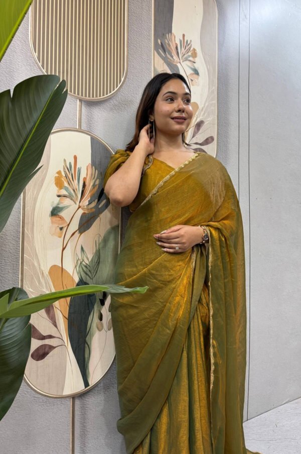 Bronze Color Space Silk Gown Saree with Beads Lace & Dupatta