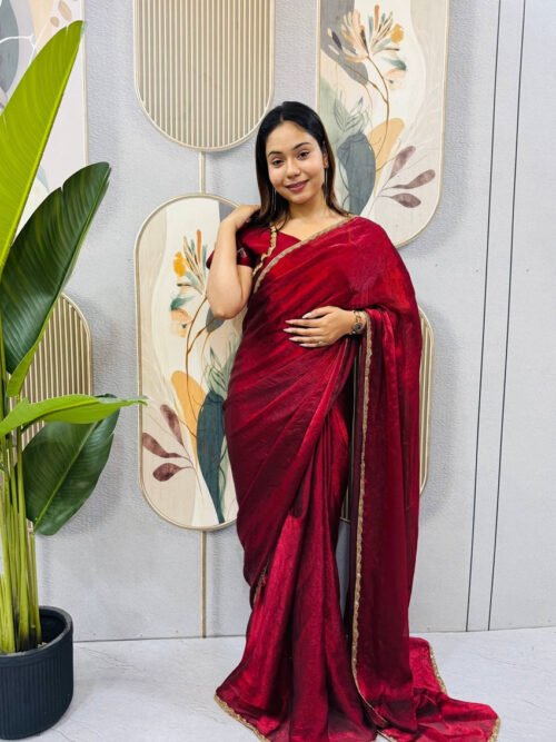 Arabian Red Space Silk Gown Saree with Beads Lace & Dupatta