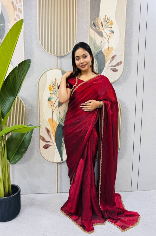 Arabian Red Space Silk Gown Saree with Beads Lace & Dupatta