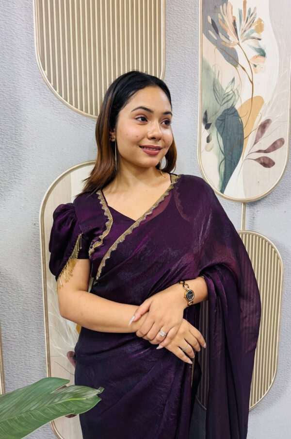 Purple Space Silk Gown Saree with Beads Lace & Dupatta