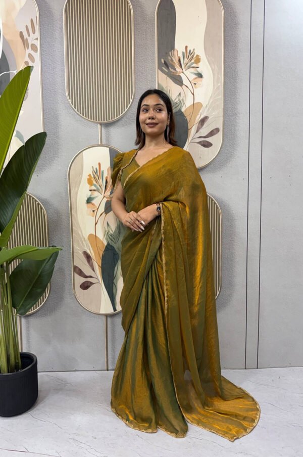 Bronze Color Space Silk Gown Saree with Beads Lace & Dupatta