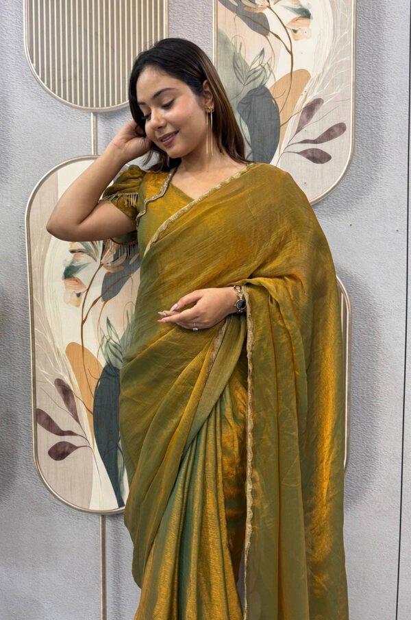 Bronze Color Space Silk Gown Saree with Beads Lace & Dupatta