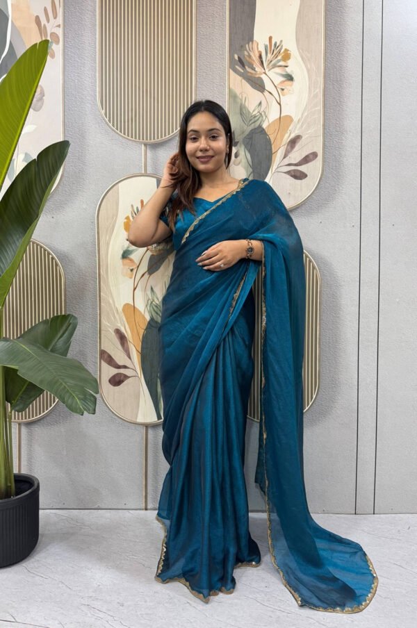 Regal Blue Space Silk Gown Saree with Beads Lace & Dupatta