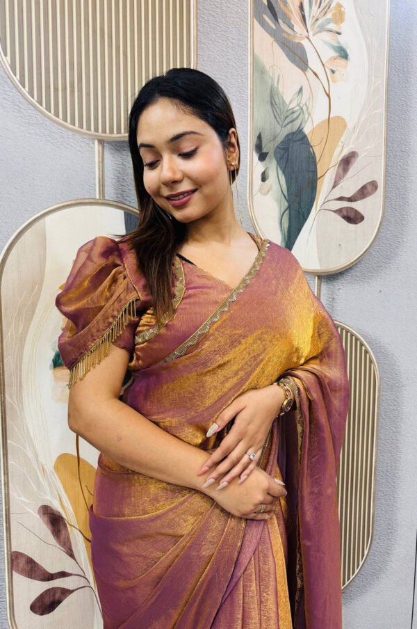 Copper Color Space Silk Gown Saree with Beads Lace & Dupatta