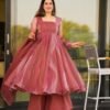 Stunning Salmon Soft Organza Anarkali Suit Set with Lace Border Dupatta
